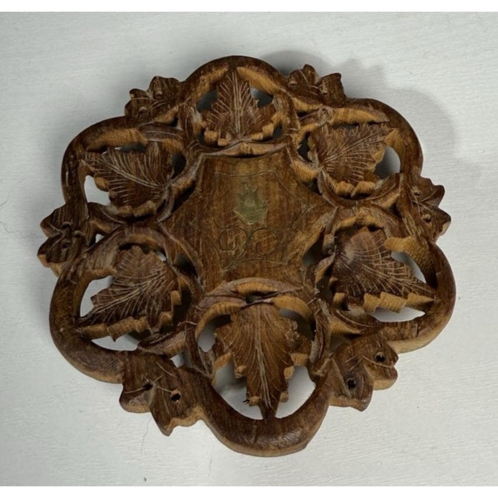 Vintage Wooden Footed Trivet Hand Carved Round Hot Plate Leaves Made in India